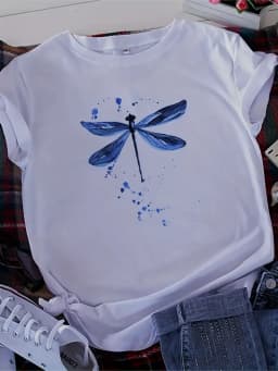 Plus Size Casual T-shirt Women's Plus Dragonfly Print Short Sleeve Round Neck Medium Stretch T-shirt