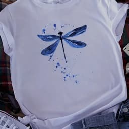 Plus Size Casual T-shirt Women's Plus Dragonfly Print Short Sleeve Round Neck Medium Stretch T-shirt