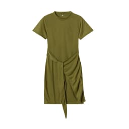 Irregular Ruffle Dress with Bow Belt, Short-Sleeved, Round Neck, Summer, New, 2024