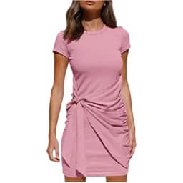 Irregular Ruffle Dress with Bow Belt, Short-Sleeved, Round Neck, Summer, New, 2024