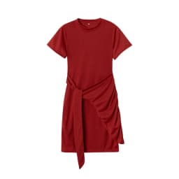 Irregular Ruffle Dress with Bow Belt, Short-Sleeved, Round Neck, Summer, New, 2024