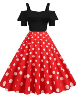 Elegant Off Shoulder Women Summer Dress Slash Neck Vintage Ladies Fit and Flare Polka Dot Party Dress