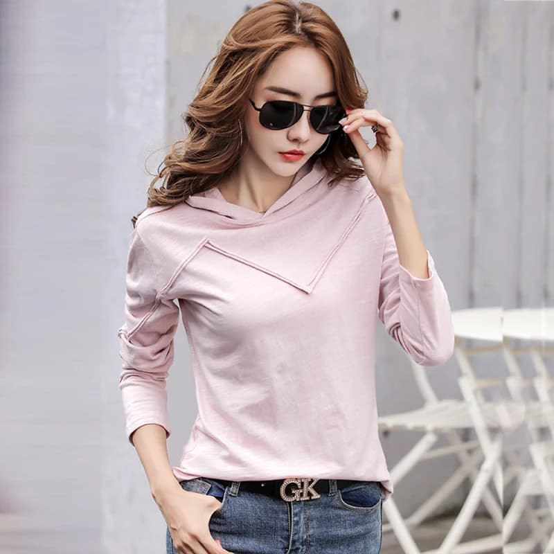 Long Sleeve Hooded T-shirt Bamboo Cotton Spring Autumn Tops New 2026 T Shirt Women Casual Patchwork Tee Shirt Femme White Black