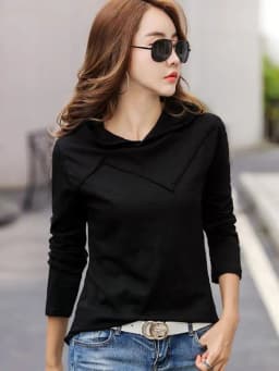 Long Sleeve Hooded T-shirt Bamboo Cotton Spring Autumn Tops New 2026 T Shirt Women Casual Patchwork Tee Shirt Femme White Black