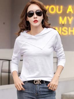 Long Sleeve Hooded T-shirt Bamboo Cotton Spring Autumn Tops New 2026 T Shirt Women Casual Patchwork Tee Shirt Femme White Black