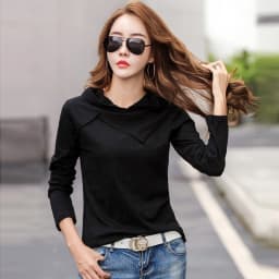 Long Sleeve Hooded T-shirt Bamboo Cotton Spring Autumn Tops New 2026 T Shirt Women Casual Patchwork Tee Shirt Femme White Black