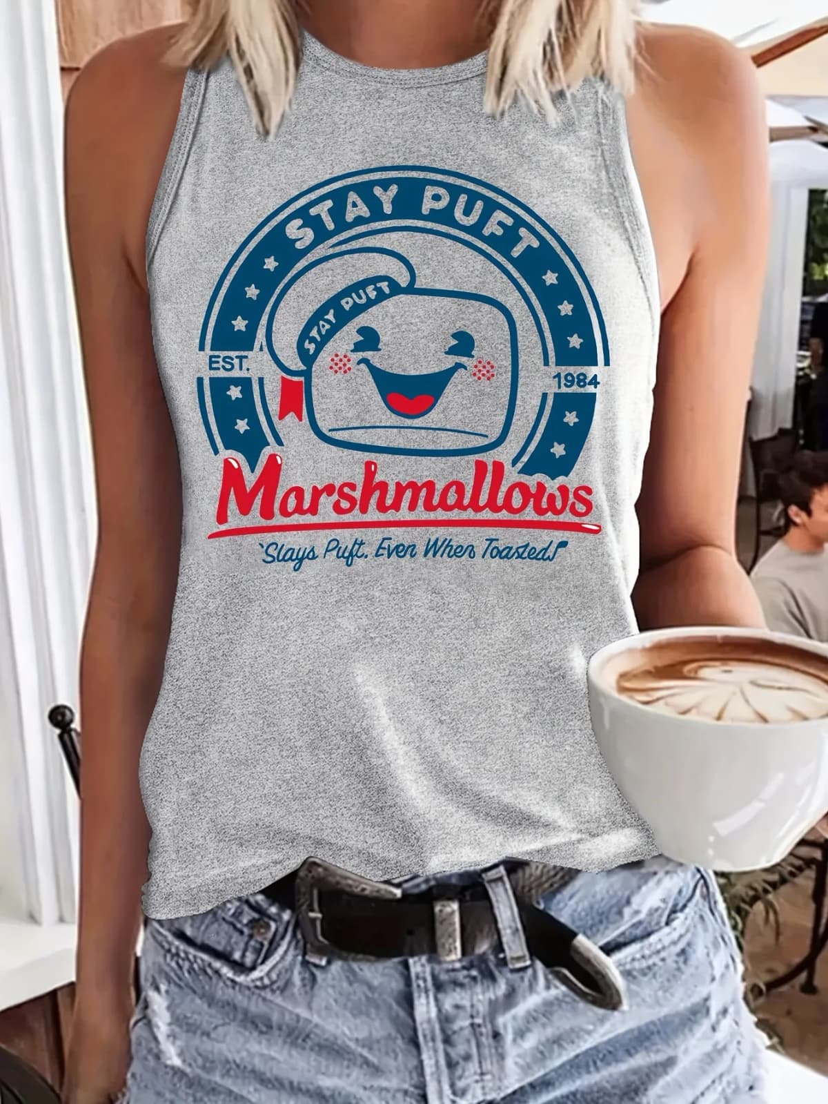 Women's Summer Casual Loose Size Marshmallows Print Round Neck Sleeveless Tank Top T-shirt