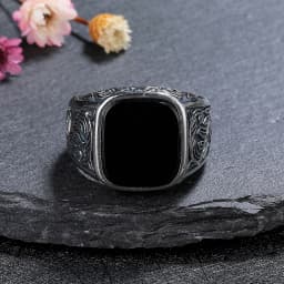 Masculine Black Agate Ring 12x14mm, Mens Vintage Sterling Silver Fine Jewelry, Wedding Band Gift for Him