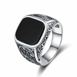 Masculine Black Agate Ring 12x14mm, Mens Vintage Sterling Silver Fine Jewelry, Wedding Band Gift for Him