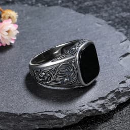 Masculine Black Agate Ring 12x14mm, Mens Vintage Sterling Silver Fine Jewelry, Wedding Band Gift for Him