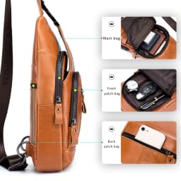 Genuine leather men's chest bag, cowhide retro single shoulder crossbody bag with built-in USB charging port and card slot