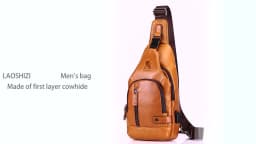 Genuine leather men's chest bag, cowhide retro single shoulder crossbody bag with built-in USB charging port and card slot