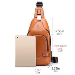 Genuine leather men's chest bag, cowhide retro single shoulder crossbody bag with built-in USB charging port and card slot