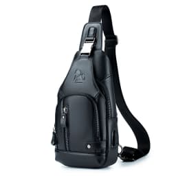 Genuine leather men's chest bag, cowhide retro single shoulder crossbody bag with built-in USB charging port and card slot