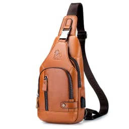 Genuine leather men's chest bag, cowhide retro single shoulder crossbody bag with built-in USB charging port and card slot