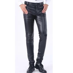 Men Velvet Leather Pants Warm Skinny Fit Elastic Fashion PU Leather Trousers Wet Look Stretch Plush Motorcycle Pants