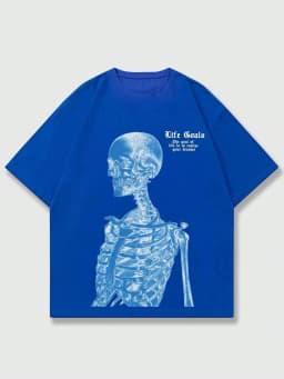 Blue Skeleton Man Life Goals Letter Printing Women T-Shirts Summer O-Neck Cotton Tops Street Fashion Tees Loose Soft Clothes
