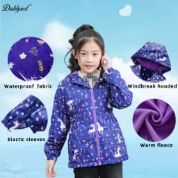Dubbped Kids Girls unicorn Purple Rain Jacket Waterproof Coat Lightweight Hooded Warm Lined Raincoats Windbreakers 3-12Y