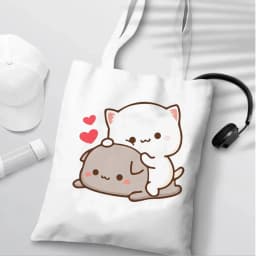 Peach and Goma Mochi Cat Love Print Shopping Bag Eco Shopper Cotton Jute Bag Reusable Bag Foldable Reusable Sac Tissu
