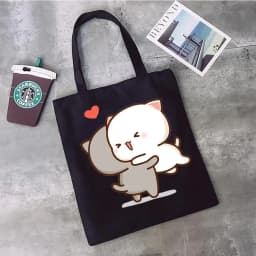 Peach and Goma Mochi Cat Love Print Shopping Bag Eco Shopper Cotton Jute Bag Reusable Bag Foldable Reusable Sac Tissu