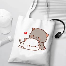 Peach and Goma Mochi Cat Love Print Shopping Bag Eco Shopper Cotton Jute Bag Reusable Bag Foldable Reusable Sac Tissu