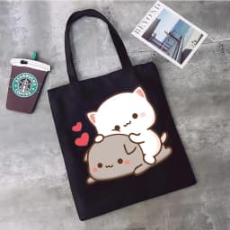 Peach and Goma Mochi Cat Love Print Shopping Bag Eco Shopper Cotton Jute Bag Reusable Bag Foldable Reusable Sac Tissu
