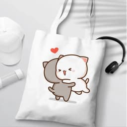 Peach and Goma Mochi Cat Love Print Shopping Bag Eco Shopper Cotton Jute Bag Reusable Bag Foldable Reusable Sac Tissu