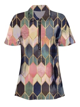 Versatile All-Season Women's Polo Shirt- Easy-Care,Stretch Comfort with Stylish Zip and Geometric Design for Everyday Casual Wea