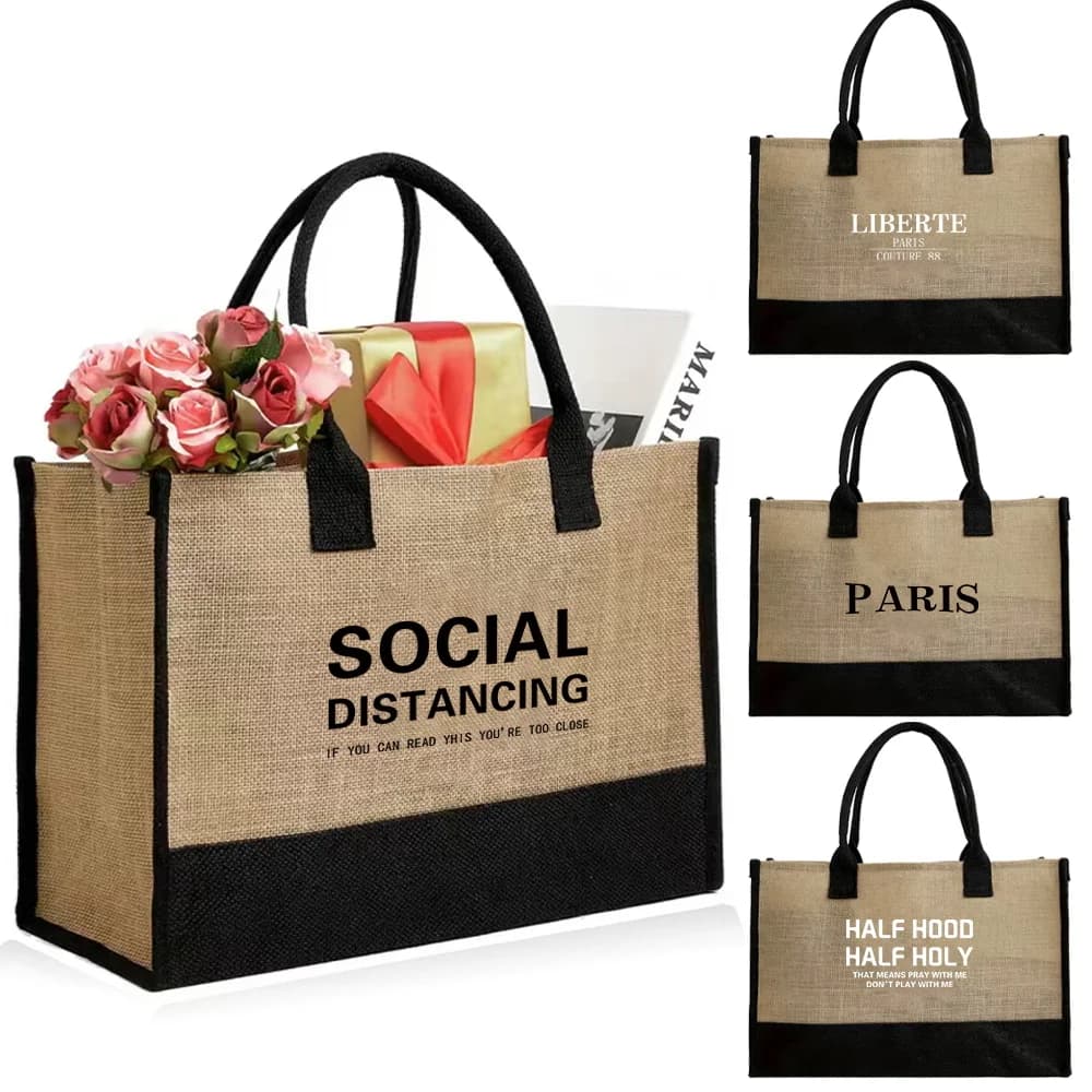 Women Jute Shopping Bag Summer Beach Bags Storage Bag Large Capacity Lady Printing Text Series Totes Casual Girls 2024