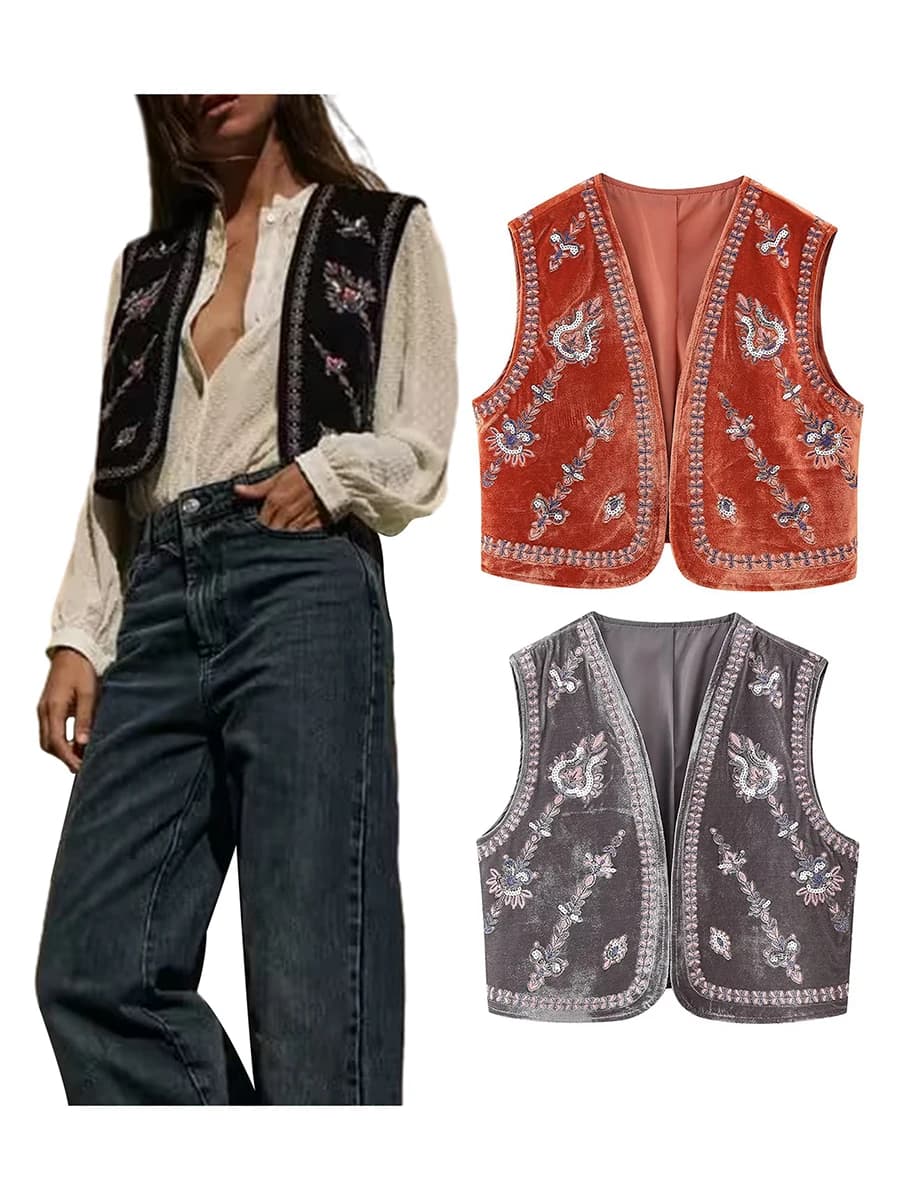 Women’s Embroidered Vest Tops Vintage Retro Classic Sleeveless Open Front Cardigan Velvet Vests Spring Fall Outwear Streetwear