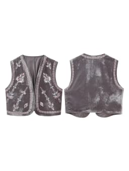 Women’s Embroidered Vest Tops Vintage Retro Classic Sleeveless Open Front Cardigan Velvet Vests Spring Fall Outwear Streetwear