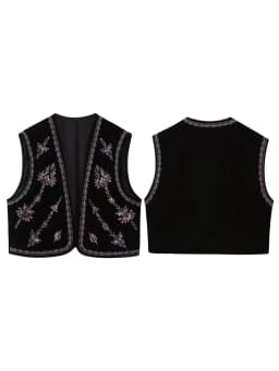 Women’s Embroidered Vest Tops Vintage Retro Classic Sleeveless Open Front Cardigan Velvet Vests Spring Fall Outwear Streetwear