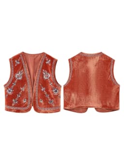 Women’s Embroidered Vest Tops Vintage Retro Classic Sleeveless Open Front Cardigan Velvet Vests Spring Fall Outwear Streetwear