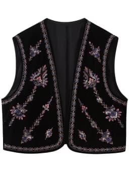 Women’s Embroidered Vest Tops Vintage Retro Classic Sleeveless Open Front Cardigan Velvet Vests Spring Fall Outwear Streetwear