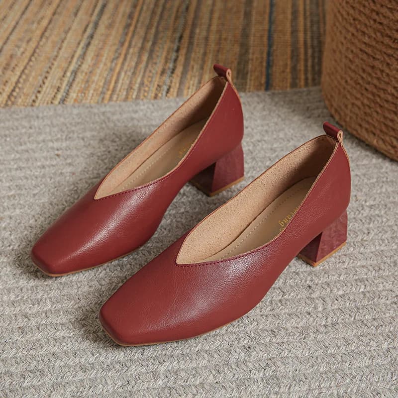 Spring Elegant Woman Square Toe Shallow 4CM High Heel Kawaii Retro Female Shoes Red Black Concise Barefoot Girl Loafers Shoes