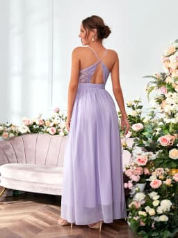 Mgiacy V-neck chiffon pleated elegant drop back halter Dress Evening Gown Ball dress Party dress Bridesmaid dress