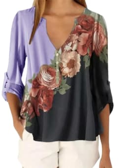 New Summer Women Clothing Women Casual Loose T-hirt Fashion Floral Print Front 3/4 Sleeve Tops V-Neck Pullover Shirts for S-5XL
