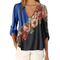 New Summer Women Clothing Women Casual Loose T-hirt Fashion Floral Print Front 3/4 Sleeve Tops V-Neck Pullover Shirts for S-5XL