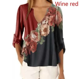 New Summer Women Clothing Women Casual Loose T-hirt Fashion Floral Print Front 3/4 Sleeve Tops V-Neck Pullover Shirts for S-5XL