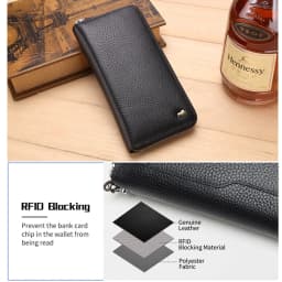 BISON DENIM Genuine Cowskin Leather Long Wallet RFID Blocking Clutch Bag Wallet Card Holder Coin Purse Zipper Male Long Wallets