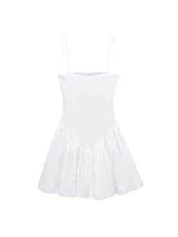 Women's Patchwork Ribbed Poplin Puff Mini Dress, Straight Neck, Thin Straps, Female Dresses, Sexy Fashion