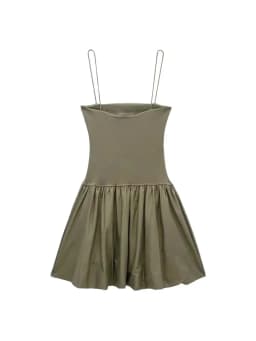 Women's Patchwork Ribbed Poplin Puff Mini Dress, Straight Neck, Thin Straps, Female Dresses, Sexy Fashion