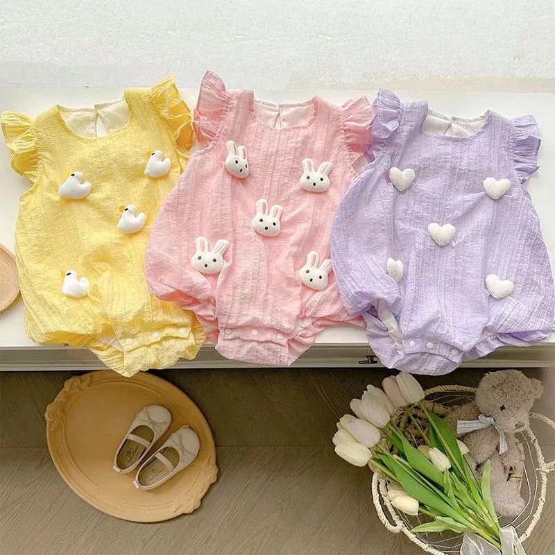 2026 Summer Baby Newborn Clothes 0-2 Y Infant Girls Lovely Cartoon Duck & Bunny Bodysuit Toddler Flying Sleeve One Piece