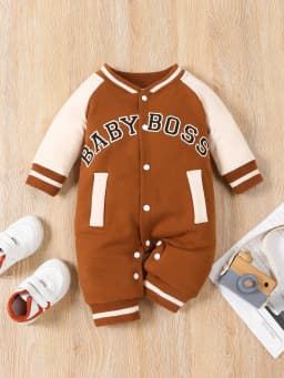 Fashionable Letter Printed Black Long-Sleeved Round Neck Baby Boy Jumpsuit