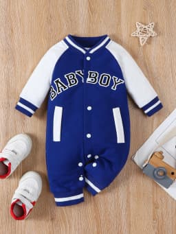Fashionable Letter Printed Black Long-Sleeved Round Neck Baby Boy Jumpsuit