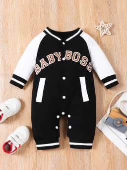 Fashionable Letter Printed Black Long-Sleeved Round Neck Baby Boy Jumpsuit