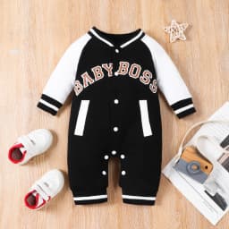 Fashionable Letter Printed Black Long-Sleeved Round Neck Baby Boy Jumpsuit