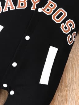 Fashionable Letter Printed Black Long-Sleeved Round Neck Baby Boy Jumpsuit