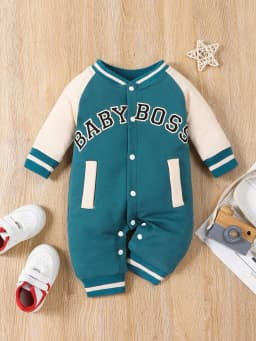 Fashionable Letter Printed Black Long-Sleeved Round Neck Baby Boy Jumpsuit