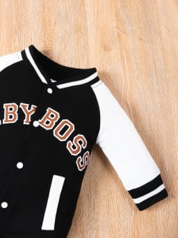 Fashionable Letter Printed Black Long-Sleeved Round Neck Baby Boy Jumpsuit
